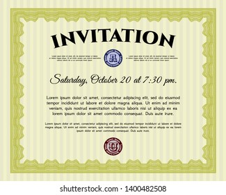 Yellow Vintage invitation template. With complex linear background. Artistry design. Vector illustration. 