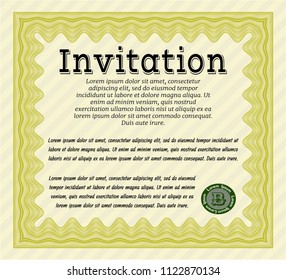 Yellow Vintage invitation template. Customizable, Easy to edit and change colors. With guilloche pattern. Money Pattern. 