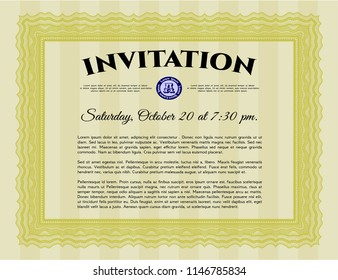 Yellow Vintage invitation template. Excellent design. Detailed. With linear background. 