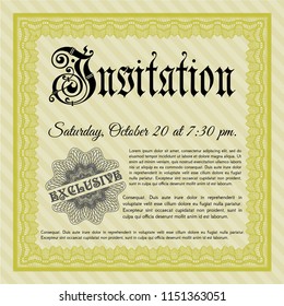 Yellow Vintage invitation template. Good design. Detailed. With complex linear background. 