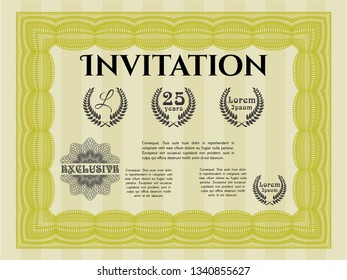 Yellow Vintage invitation template. With great quality guilloche pattern. Detailed. Excellent design. 