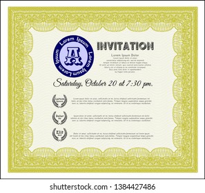 Yellow Vintage invitation template. With great quality guilloche pattern. Nice design. Vector illustration. 