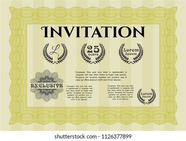 Yellow Vintage invitation template. With guilloche pattern. Good design. Vector illustration. 