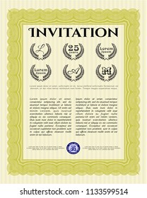 Yellow Vintage invitation template. With guilloche pattern and background. Customizable, Easy to edit and change colors. Retro design. 