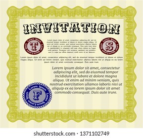 Yellow Vintage invitation template. With guilloche pattern. Beauty design. Vector illustration. 