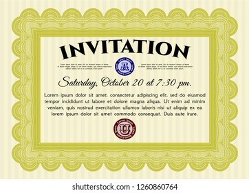 Yellow Vintage invitation template. Money design. With guilloche pattern and background. Vector illustration. 