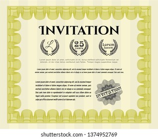 Yellow Vintage invitation template. Money design. Vector illustration. With great quality guilloche pattern. 