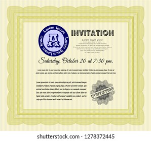 Yellow Vintage invitation template. Sophisticated design. With guilloche pattern and background. Vector illustration. 