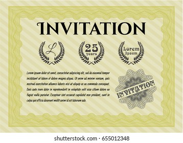 Yellow Vintage invitation template. Sophisticated design. With great quality guilloche pattern. Detailed. 