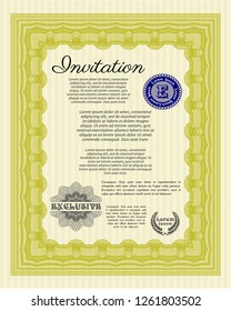 Yellow Vintage invitation template. Superior design. Vector illustration. With complex linear background. 