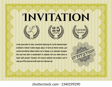Yellow Vintage invitation template. Superior design. With complex linear background. Detailed. 