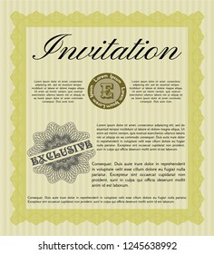 Yellow Vintage invitation template. Vector illustration. With guilloche pattern and background. Modern design. 