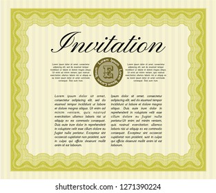 Yellow Vintage invitation template. Vector illustration. With great quality guilloche pattern. Nice design. 