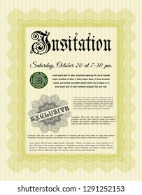 Yellow Vintage invitation template. Vector illustration. With linear background. Artistry design. 