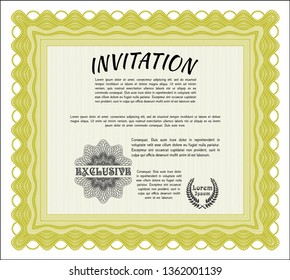 Yellow Vintage invitation template. Vector illustration. With great quality guilloche pattern. Money design. 