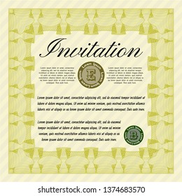 Yellow Vintage invitation template. Vector illustration. With complex linear background. Money design. 