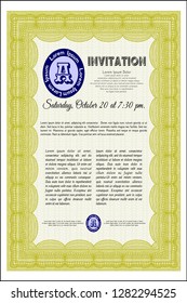 Yellow Vintage invitation. Vector illustration. With complex linear background. Cordial design. 