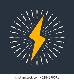 Yellow vintage lightning bolt and sun rays. Lightnings with sunburst effect. Thunderbolt, electric shock sign. Vector illustration