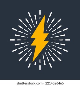 Yellow vintage lightning bolt and sun rays. Lightnings with sunburst effect. Thunderbolt, electric shock sign. Vector illustration