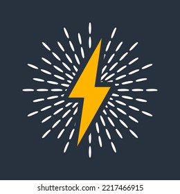 Yellow vintage lightning bolt and sun rays. Lightnings with sunburst effect. Thunderbolt, electric shock sign. Vector illustration