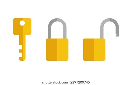 Bloqueo de candado amarillo vintage e icono de desbloqueo en el diseño de vectores planos de fondo blanco