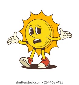 Yellow vintage sun mascot walking with arms spread and a sad expression. Perfect for illustrating disappointment, confusion, or frustration in weather, summer. Vector illustration