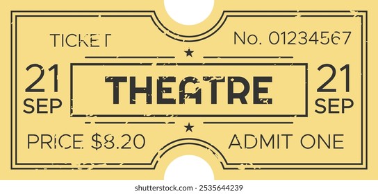 Entrada de teatro vintage amarillo para un espectáculo el 21 de septiembre, con un precio de 8.20, admitiendo a una persona, con un diseño desgastado y angustiado