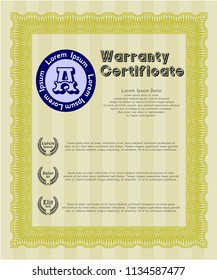 Yellow Vintage Warranty Certificate template. Superior design. Easy to print. Vector illustration. 