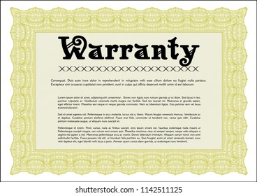 Yellow Vintage Warranty Certificate template. Cordial design. Vector illustration. With great quality guilloche pattern. 