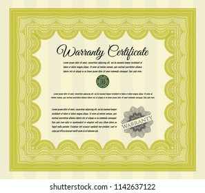 Yellow Vintage Warranty Certificate template. With background. Vector illustration. Excellent design. 