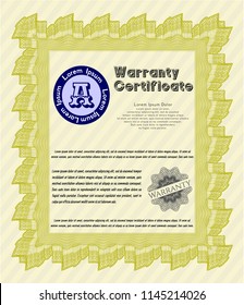 Yellow Vintage Warranty Certificate template. With linear background. Beauty design. Detailed. 