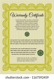 Yellow Vintage Warranty Certificate template. Superior design. Vector illustration. With great quality guilloche pattern. 