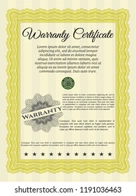 Yellow Vintage Warranty Certificate template. With linear background. Nice design. Detailed. 