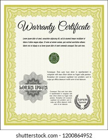 Yellow Vintage Warranty Certificate template. Money Pattern design. Customizable, Easy to edit and change colors. With complex linear background. 