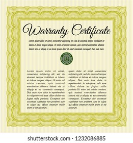 Yellow Vintage Warranty Certificate template. With linear background. Customizable, Easy to edit and change colors. Money Pattern design. 