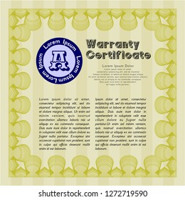 Yellow Vintage Warranty Certificate template. With linear background. Money Pattern. Customizable, Easy to edit and change colors. 