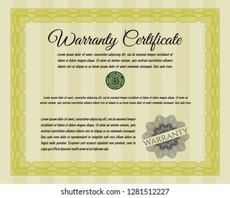 Yellow Vintage Warranty Certificate template. Good design. With complex background. Detailed. 