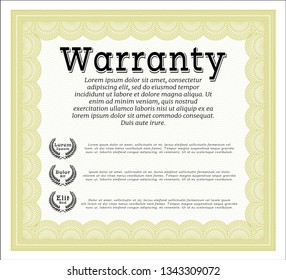 Yellow Vintage Warranty Certificate template. Perfect design. With complex background. Detailed. 