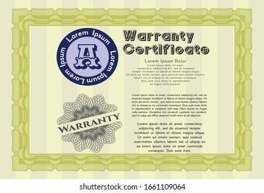 Yellow Vintage Warranty Certificate template. Easy to print. Sophisticated design. Detailed. 
