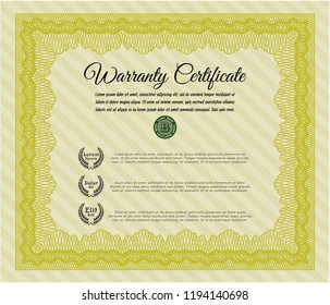 Yellow Vintage Warranty template. With background. Sophisticated design. Vector illustration. 