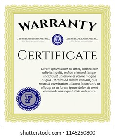Yellow Vintage Warranty template. With complex linear background. Good design. Detailed. 