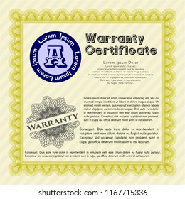 Yellow Vintage Warranty template. Perfect design. With guilloche pattern and background. Detailed. 