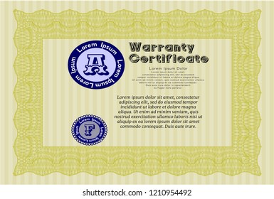 Yellow Vintage Warranty template. Vector illustration. With great quality guilloche pattern. Money Pattern. 