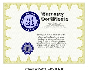 Yellow Vintage Warranty template. Vector illustration. With great quality guilloche pattern. Money design. 