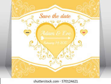 Yellow vintage wedding invitation card template with pink heart and floral decorative elements. vector or illustration
