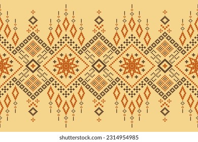 Yellow vintages cross stitch traditional ethnic pattern paisley flower Ikat background abstract Aztec African Indonesian Indian seamless pattern for fabric print cloth dress carpet curtains and sarong