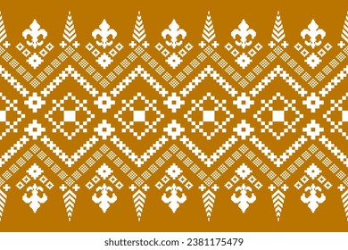 Yellow vintages cross stitch traditional ethnic pattern paisley flower Ikat background abstract Aztec African Indonesian Indian seamless pattern for fabric print cloth dress carpet curtains and sarong
