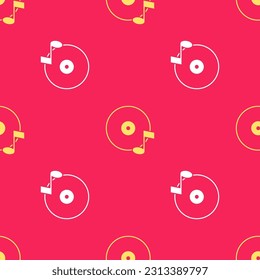 Yellow Vinyl disk icon isolated seamless pattern on red background.  Vector