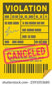 Yellow violation ticket with "canceled" stamp mark in flat design style (cut out)