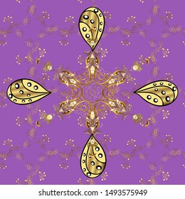 Yellow and violet backdrop with gold trim. Seamless element woodcarving. Furniture in classic style. Small depth of field. Luxury furniture. Pattern on yellow and violet colors with golden elements.